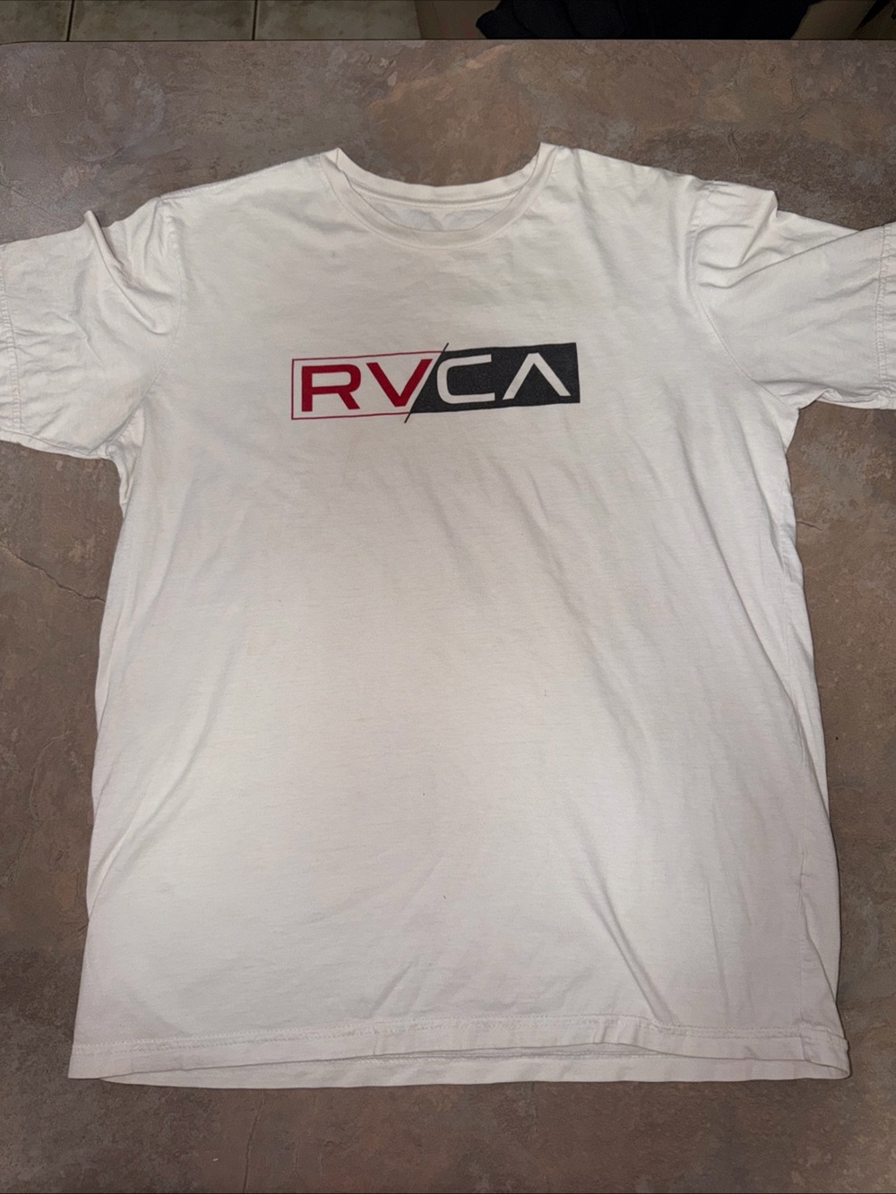RVCA White Short Sleeve Tee with Red and Black Logo